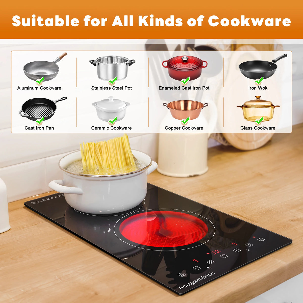 2 Burner Electric Cooktop, 12 Inch Built-in Ceramic Stove Top with Child Safety Lock, Timer & Residual Heat In - view 3