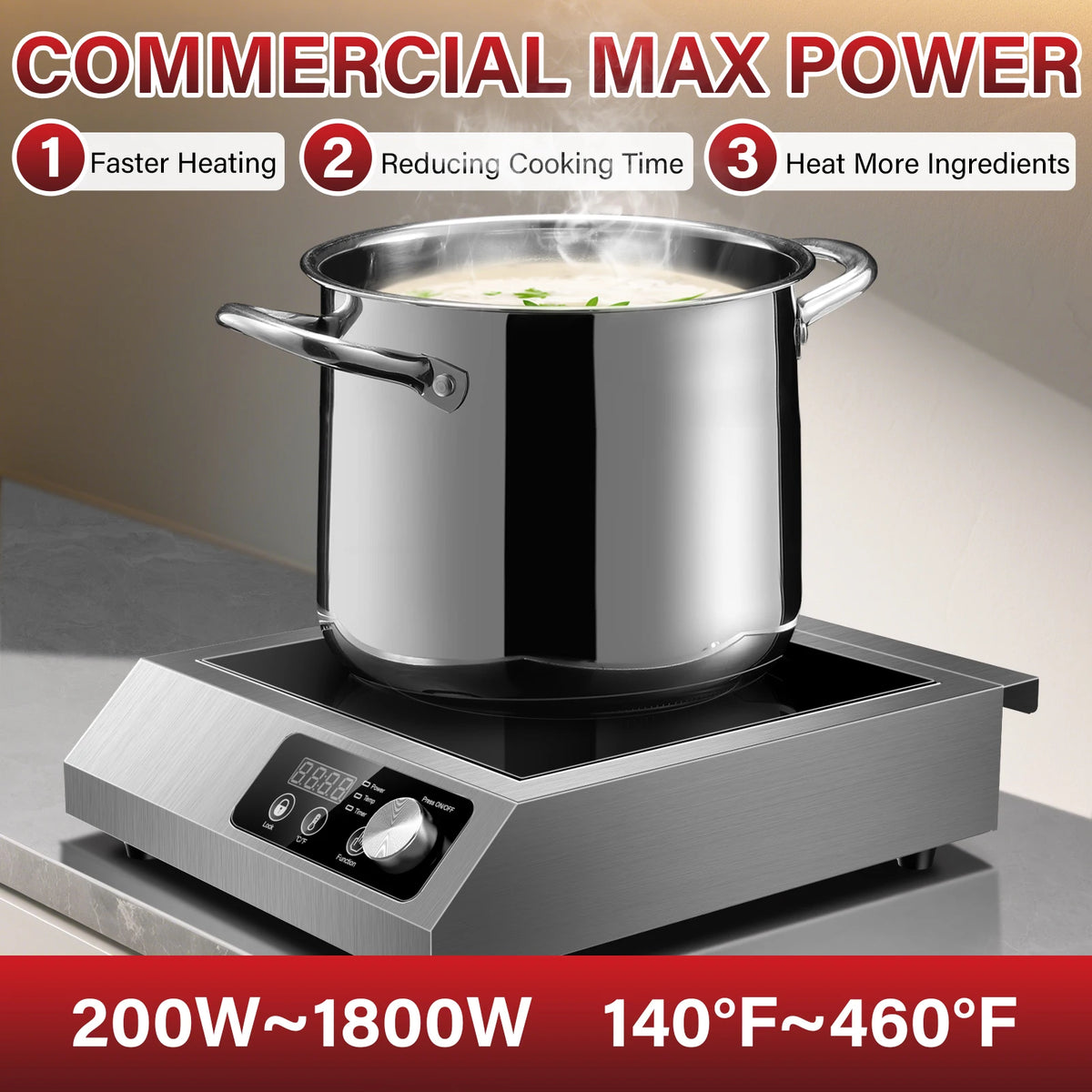 Commercial Induction Cooktop,1800W Induction Burner with Sensor Touch, Knob and LCD Screen,ETL-Certified Singl - view 3