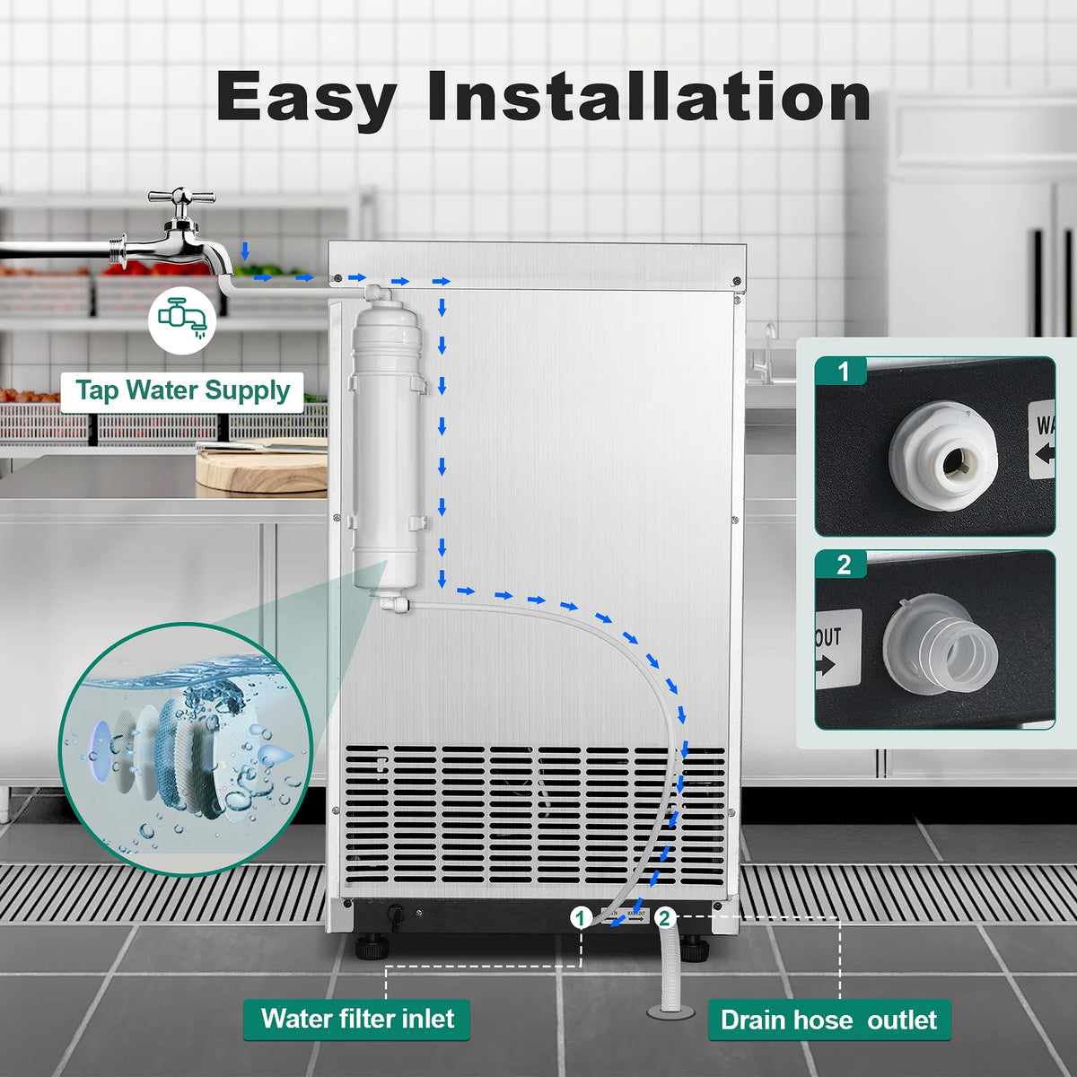 Commercial Ice Maker, 100lbs/24H Ice Maker Machine, Auto Self-Cleaning, LED Digital Display, Under Counter/Fre - view 2