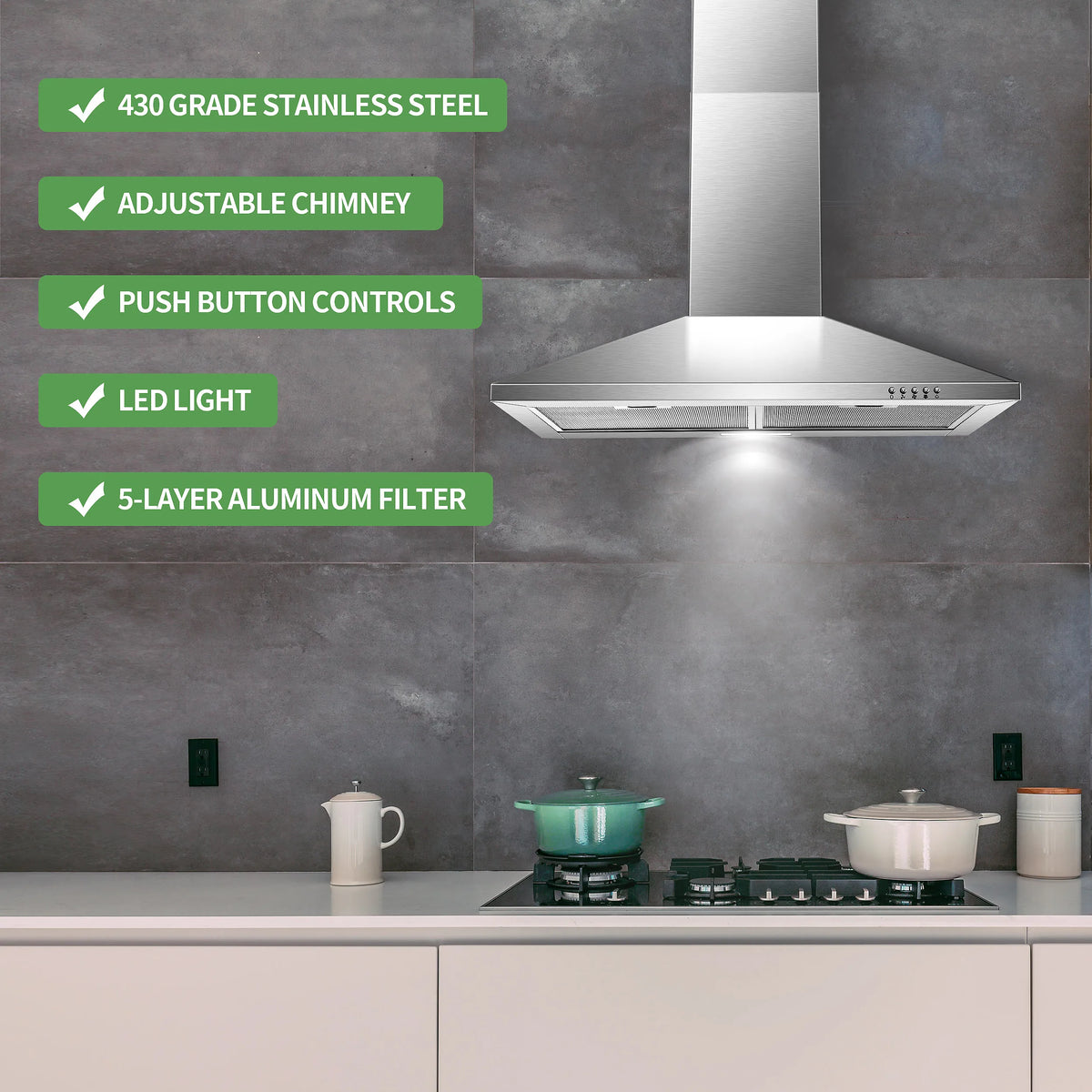 Range Hood 30inch,Wall Mount Range Hood in Stainless Steel Stove Vent Hood,Aluminum Filters,3Speed Exhaust Fan - view 2
