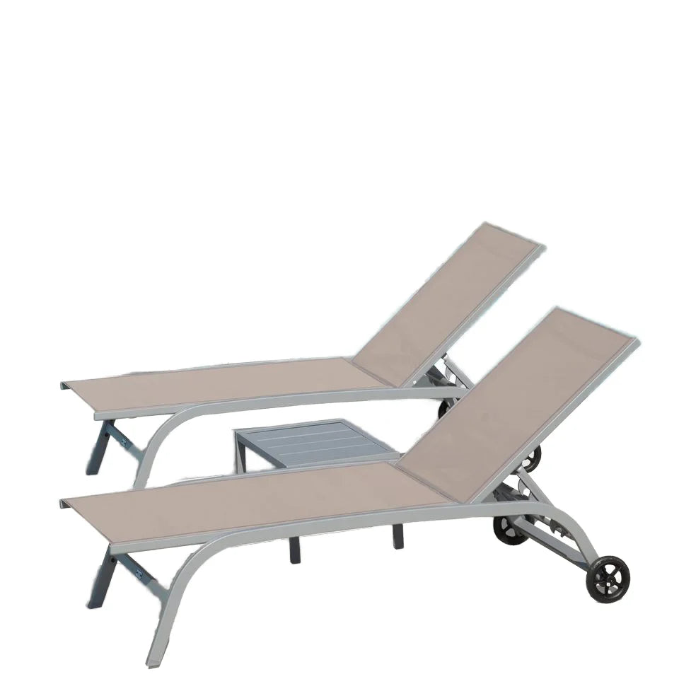 Set of 2 Aluminum Patio Chaise Loungers with Table