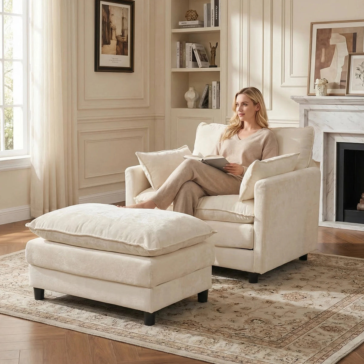 Chenille Two Seat Accent Sofa Ottoman Cozy Upholstered Modern Sofa Set Beige Lounge Decorative Pillows Wood Le - view 6