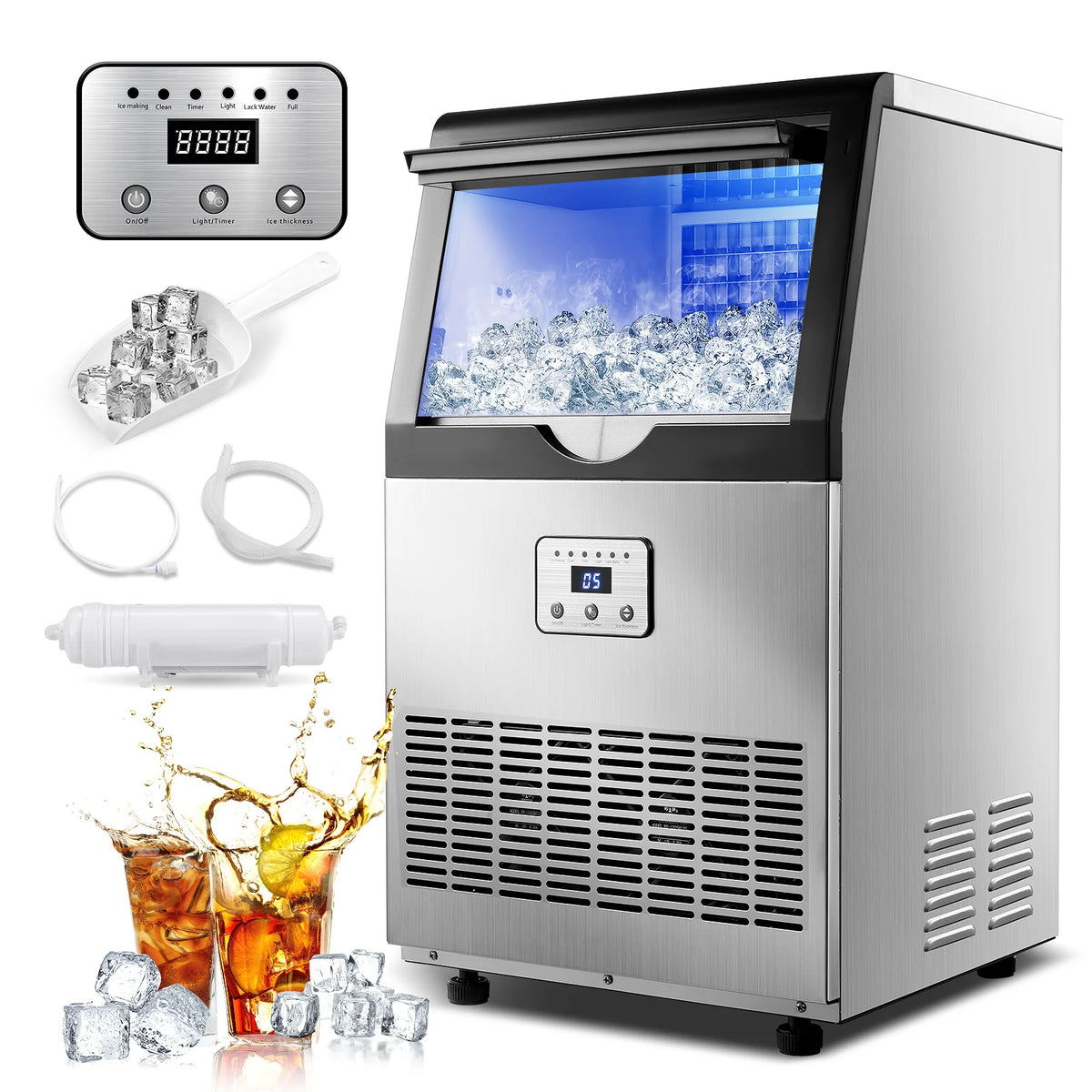 Commercial Ice Maker, 100lbs/24H Ice Maker Machine, Auto Self-Cleaning, LED Digital Display, Under Counter/Fre