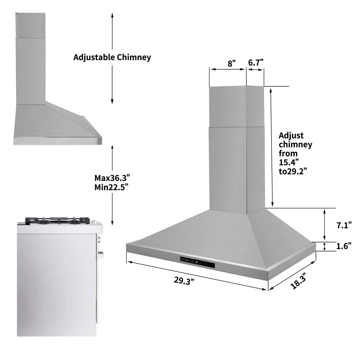 Range Hood 30 Inch, Vent Hoods 30 Inch Stainless Steel, 450 CFM Kitchen Hood with LED Light , 3 Speed Exhaust - view 3
