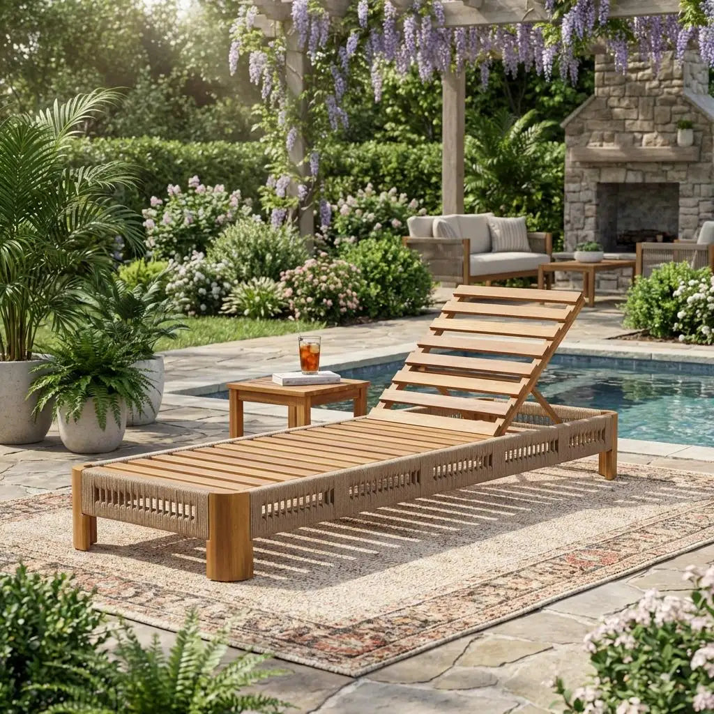 Acacia Wood Outdoor Patio Chaise Lounge with Adjustable Backrest - view 2