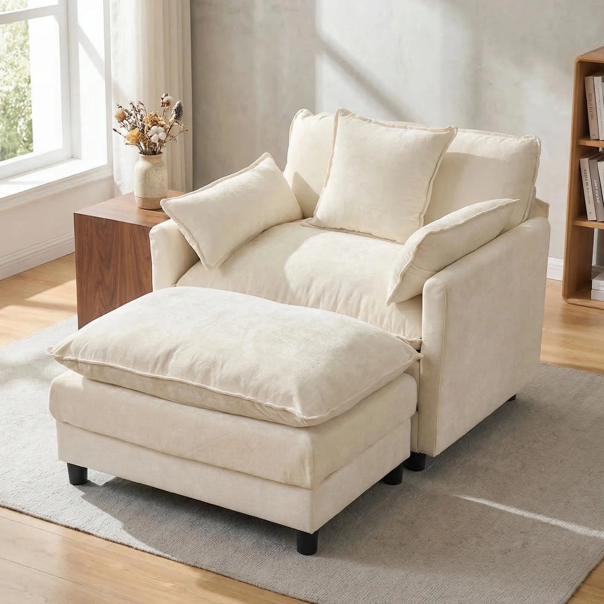 Chenille Two Seat Accent Sofa Ottoman Cozy Upholstered Modern Sofa Set Beige Lounge Decorative Pillows Wood Le - view 7