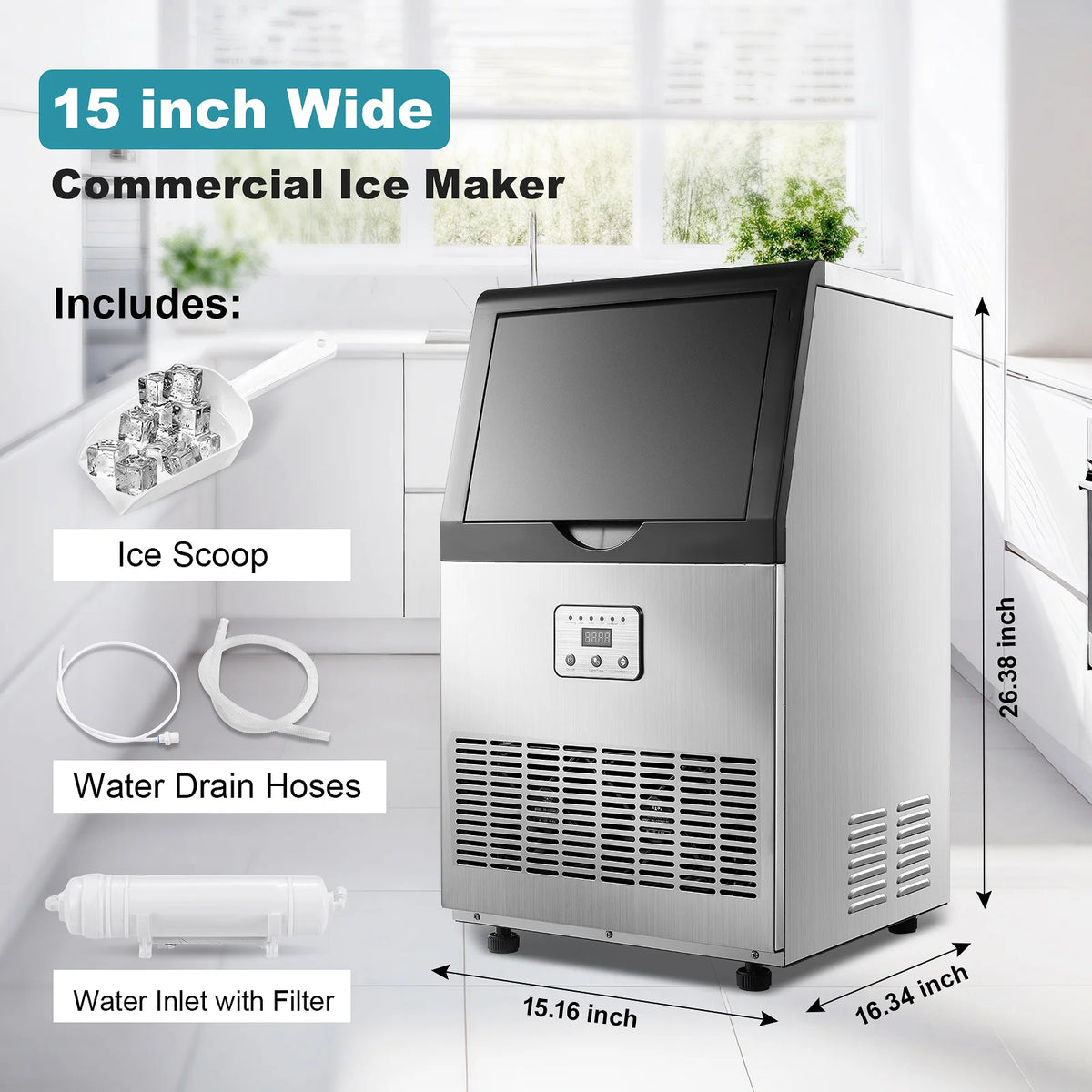Commercial Ice Maker, 100lbs/24H Ice Maker Machine, Auto Self-Cleaning, LED Digital Display, Under Counter/Fre - view 6