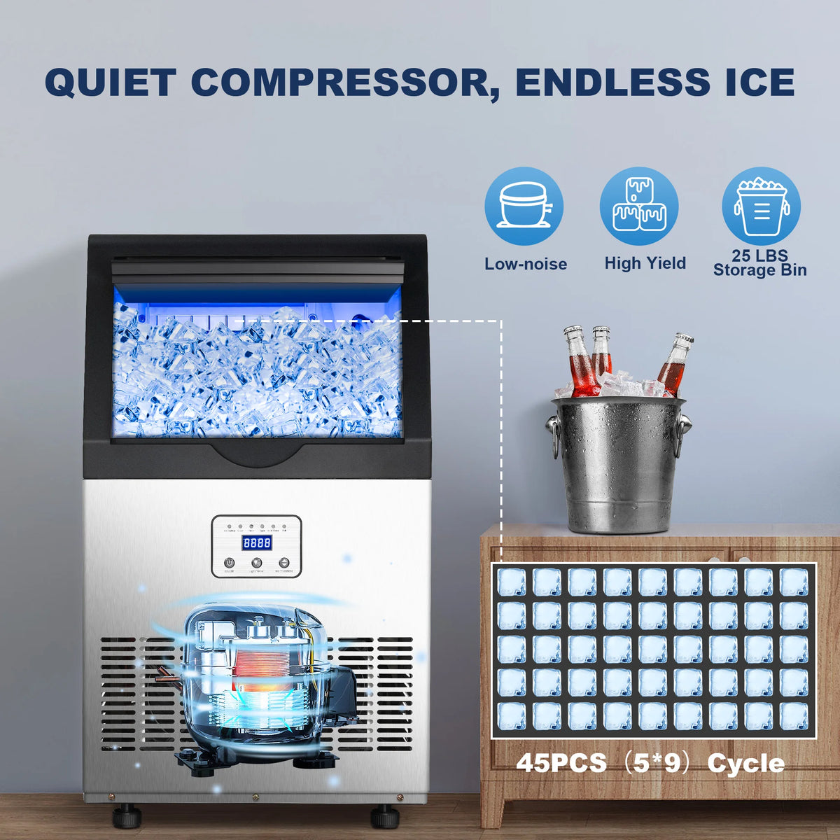 Ice Maker,110LBS/24H Commercial Ice Machine Stainless Steel Ice Maker Machine with 25LBS Capacity,45 Ice Cubes - view 2