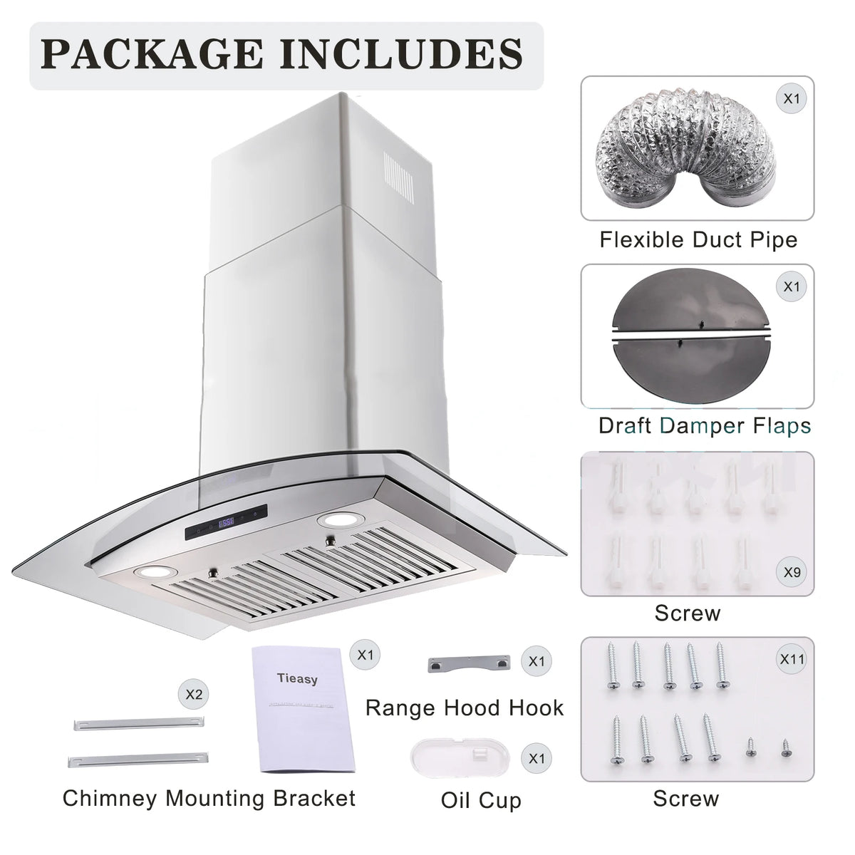 Range Hood 30 Inch, Tieasy Wall Mount Kitchen Hood with Ducted/Ductless Convertible Duct, Tempered Glass,Touch - view 5