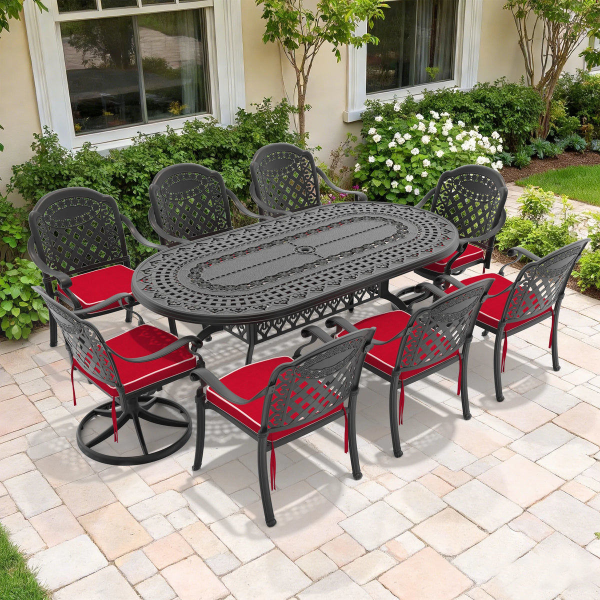 9-Piece Aluminum Outdoor Patio Dining Set, Include 2 Swivel Chairs, 6 Dining Chairs and Oval Table - view 9
