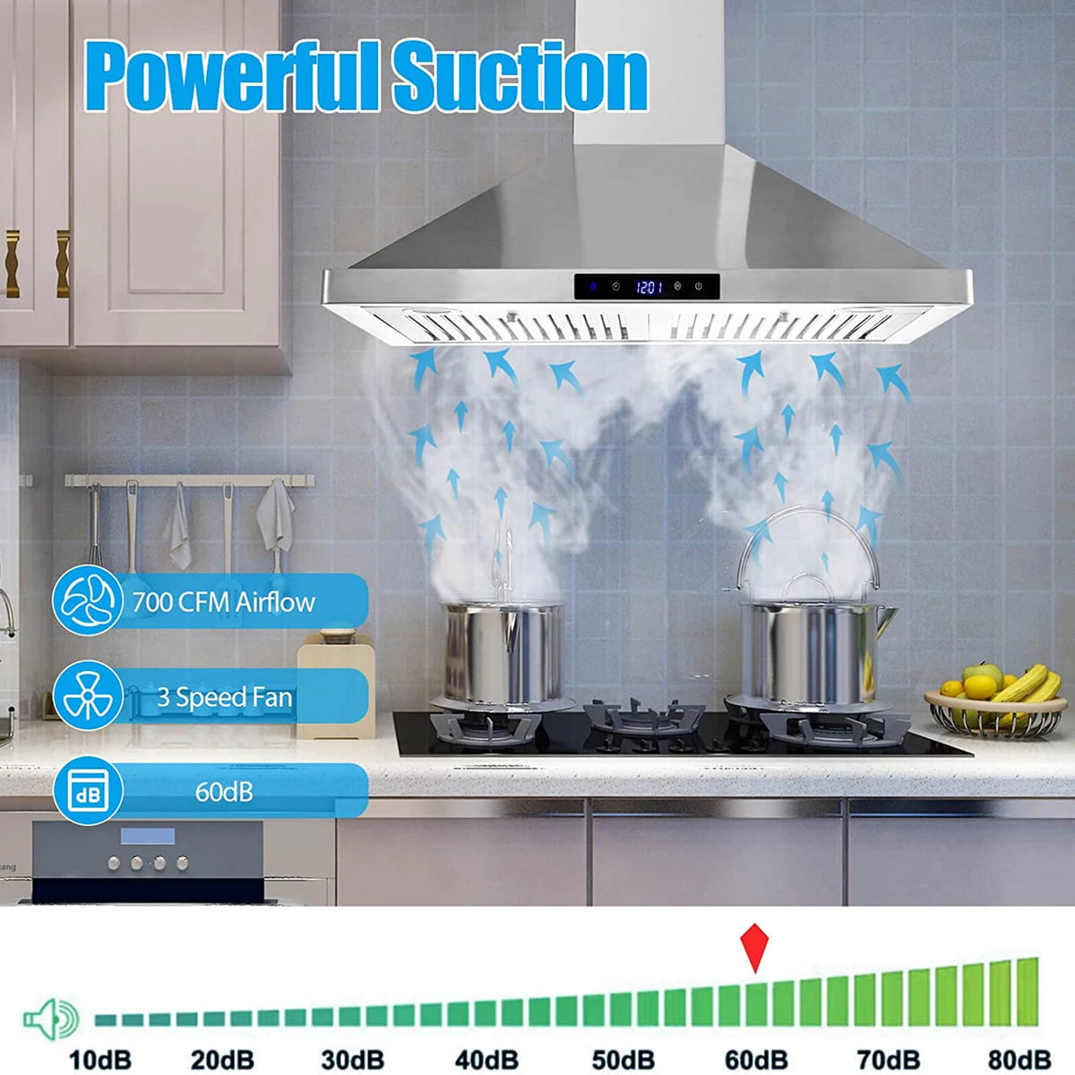 Wall Mount Range Hood 30 Inch Kitchen Hood 700 CFM ,Touch Control,Permanent Filters, Stainless Steel, 3 Speed - view 3