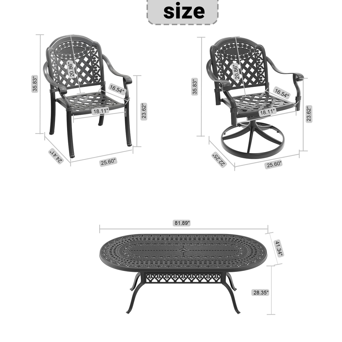 9-Piece Aluminum Outdoor Patio Dining Set, Include 2 Swivel Chairs, 6 Dining Chairs and Oval Table - view 12