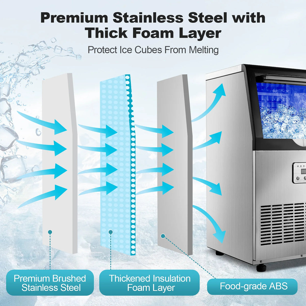 Commercial Ice Maker, 100lbs/24H Ice Maker Machine, Auto Self-Cleaning, LED Digital Display, Under Counter/Fre - view 3