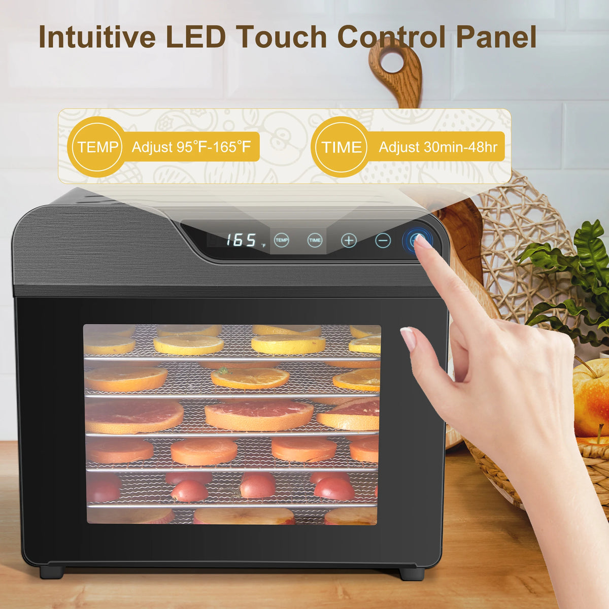 Food Dehydrator, 8-Tray Stainless Steel Jerky Dehydrator, 625W Food Dryer with Adjustable Timer & Temperature, - view 3