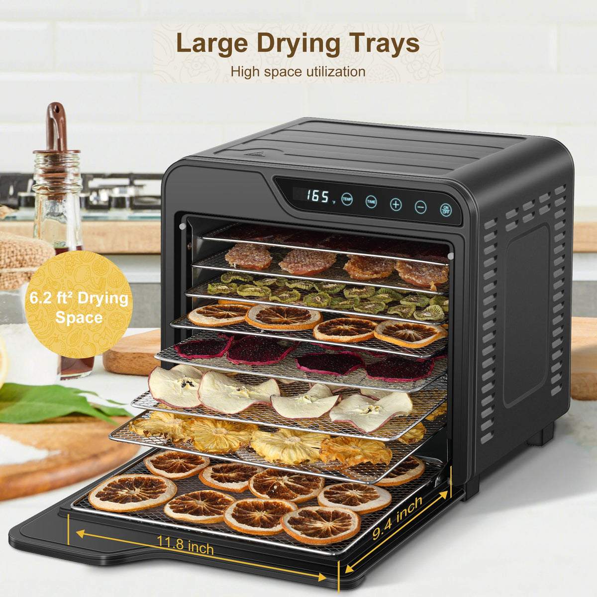 Food Dehydrator, 8-Tray Stainless Steel Jerky Dehydrator, 625W Food Dryer with Adjustable Timer & Temperature, - view 5