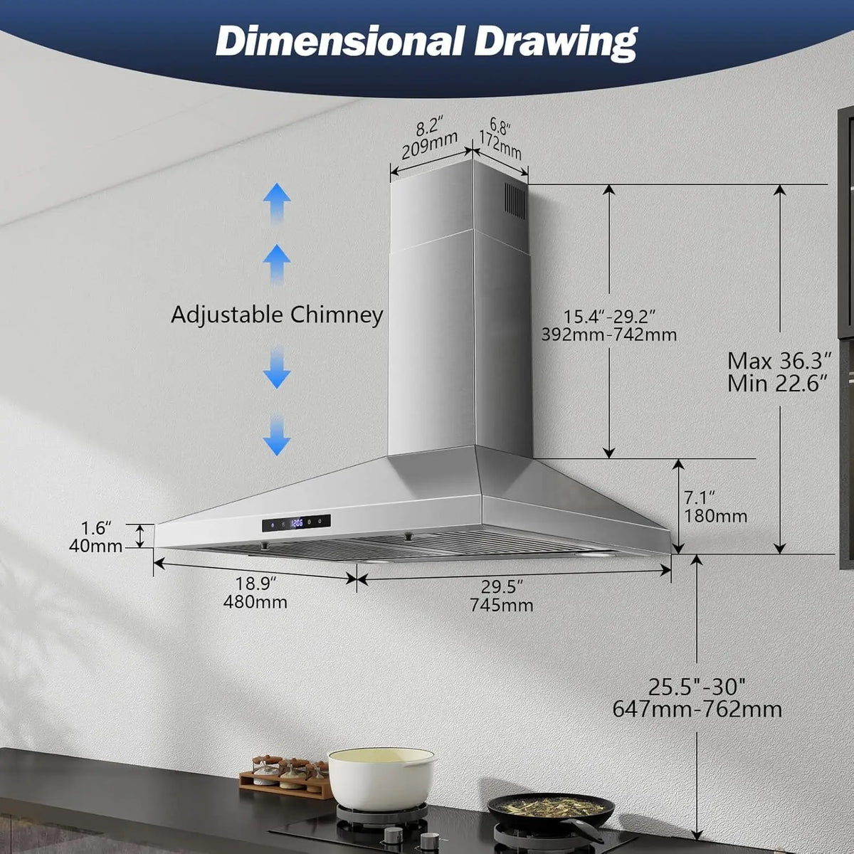 Range Hood 30 Inches,Stainless Steel Wall Mount Range Hood,Vent Hood 30 Inch W/Touch Control,Baffle Filters Ki - view 3