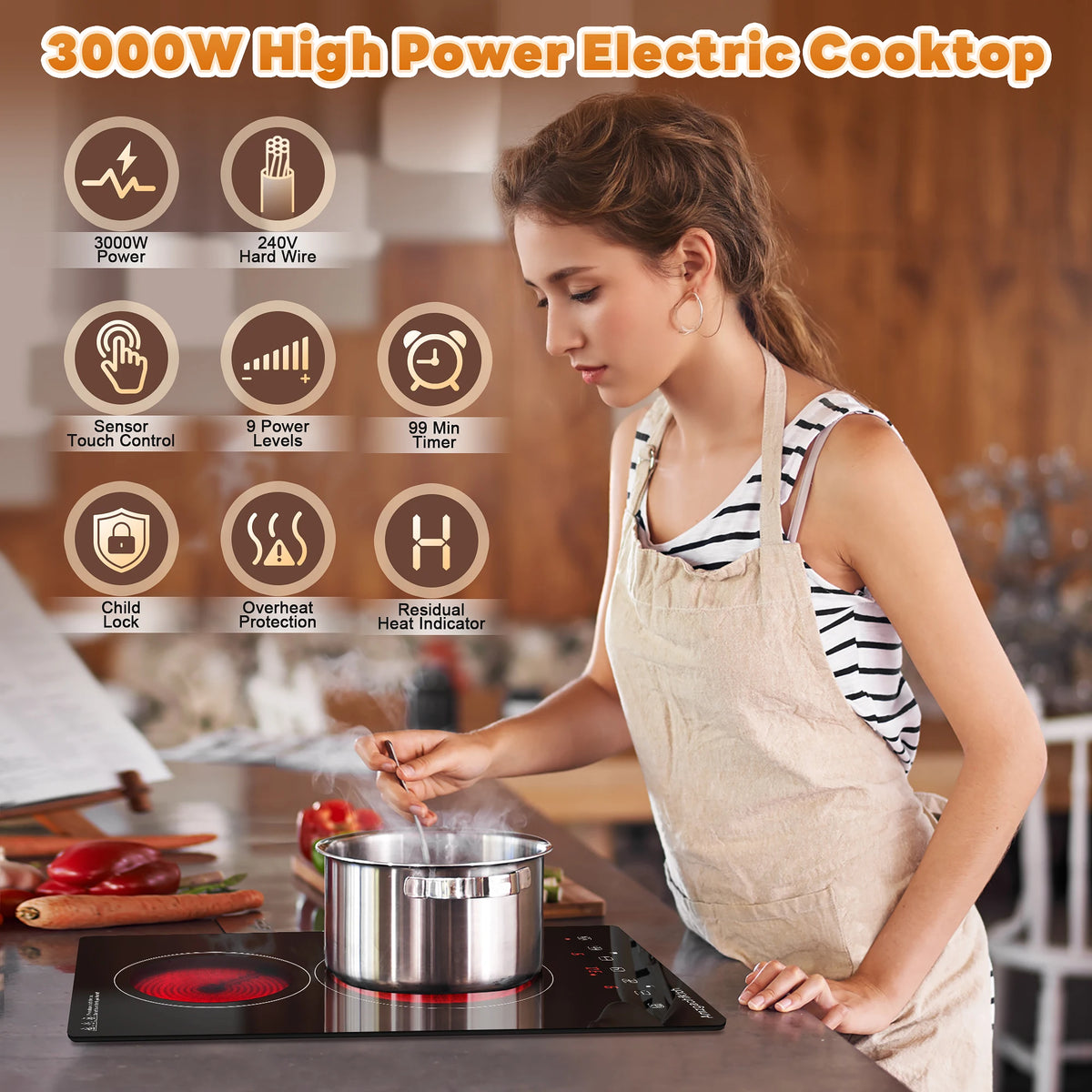 2 Burner Electric Cooktop, 12 Inch Built-in Ceramic Stove Top with Child Safety Lock, Timer & Residual Heat In - view 4