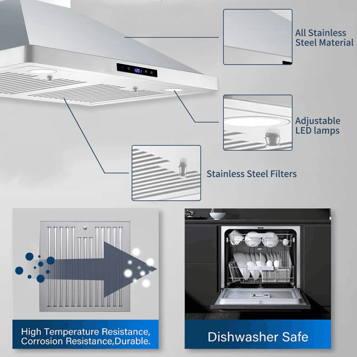 Wall Mount Range Hood 30 Inch Kitchen Hood 700 CFM ,Touch Control,Permanent Filters, Stainless Steel, 3 Speed - view 2