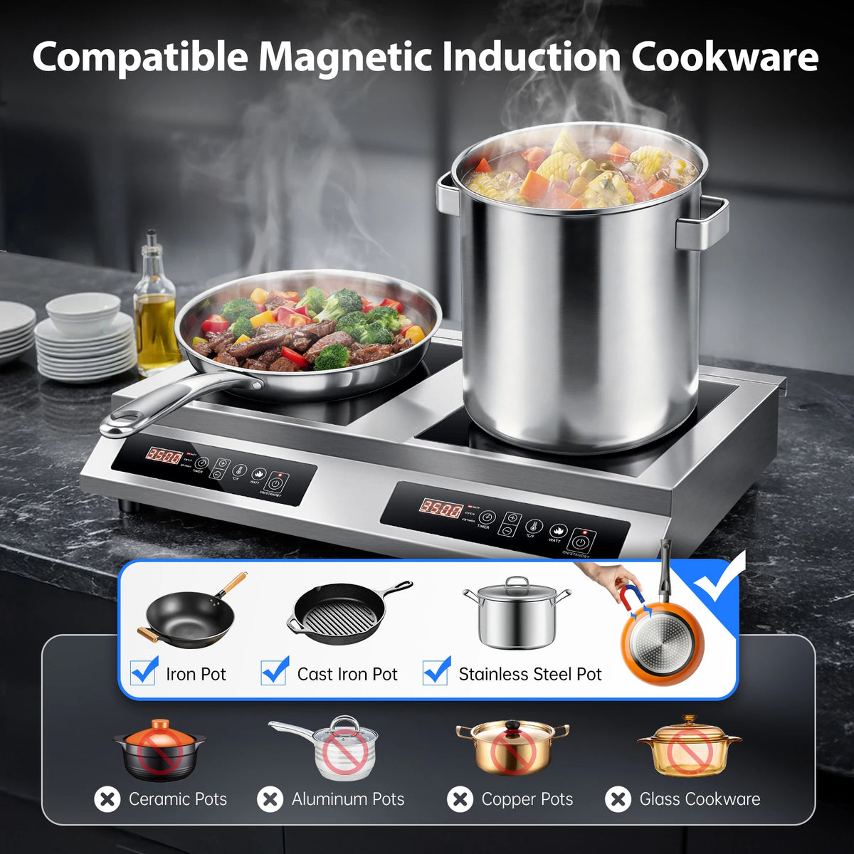 Commercial Induction Cooktop,7000W Double Burners Commercial Induction Cooker,Soft Touch Control ,Four Digital - view 6