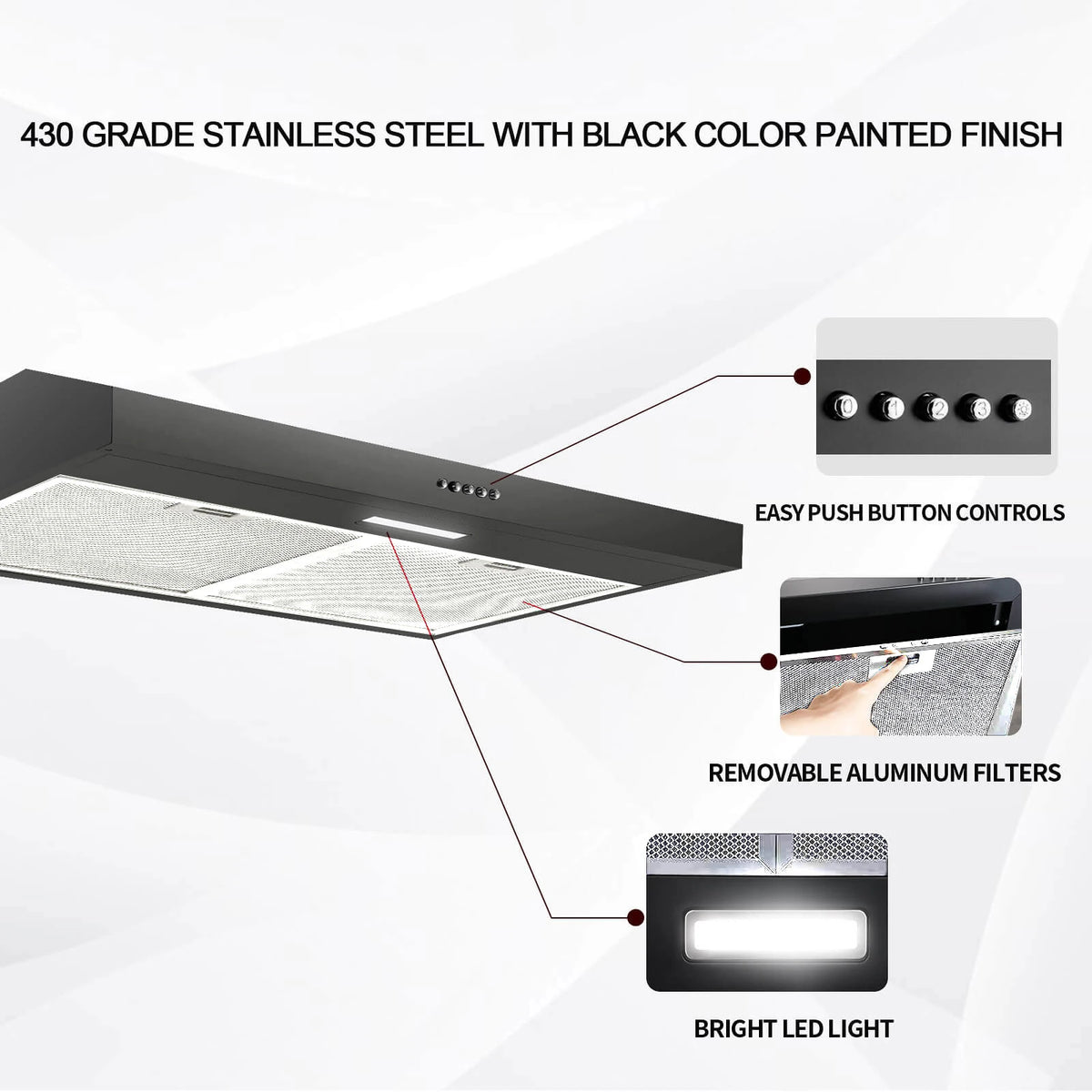 30in Under Cabinet Range Hood Cooking Vent 3-Speed Vent W/LED Black Ducted/Ductless Convertible,LED Light and - view 2