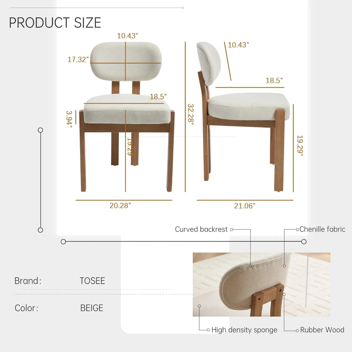 Modern Dining Room Chairs Set of 2, Minimalist Upholstered Chenile Fabric Kitchen Chair with Wooden Legs (Lake - view 6