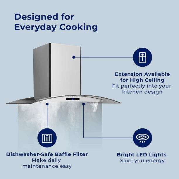 Range Hood 30 Inch, Tieasy Wall Mount Kitchen Hood with Ducted/Ductless Convertible Duct, Tempered Glass,Touch - view 6