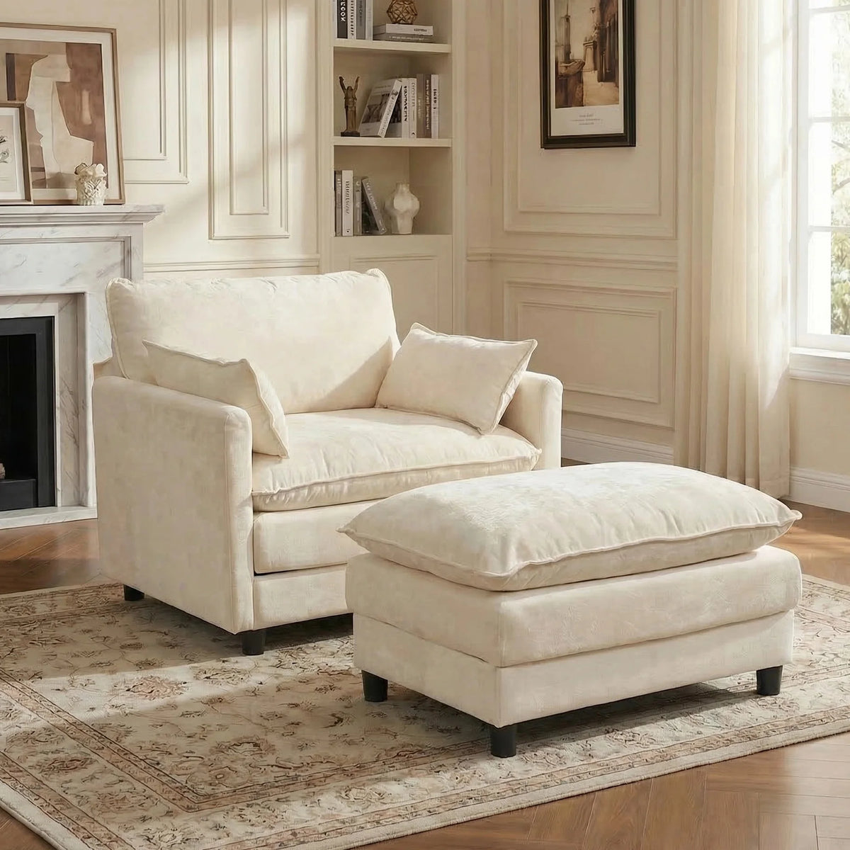 Chenille Two Seat Accent Sofa Ottoman Cozy Upholstered Modern Sofa Set Beige Lounge Decorative Pillows Wood Le