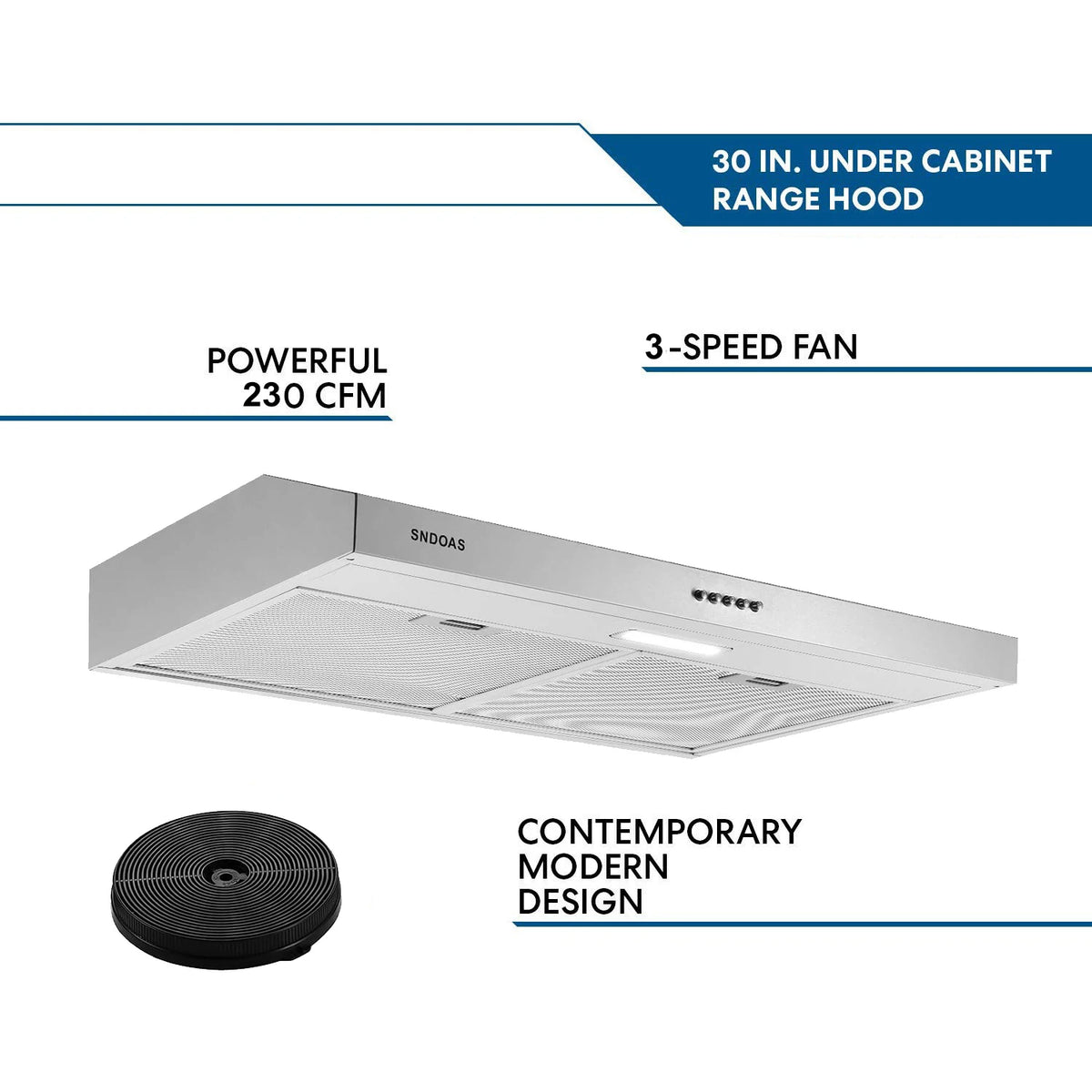 30in Under Cabinet Range Hood 230CFM Stainless Steel Kitchen Stove Vent Ducted/Ductless Convertible, LED Light - view 3