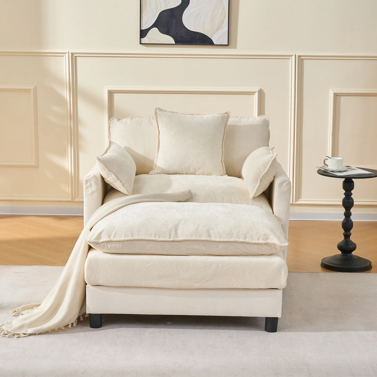 Chenille Two Seat Accent Sofa Ottoman Cozy Upholstered Modern Sofa Set Beige Lounge Decorative Pillows Wood Le - view 5