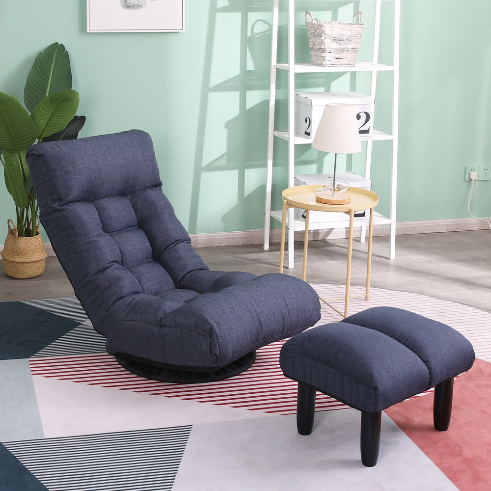 Adjustable Floor Lounger Chair and Ottoman Set - Dark Blue