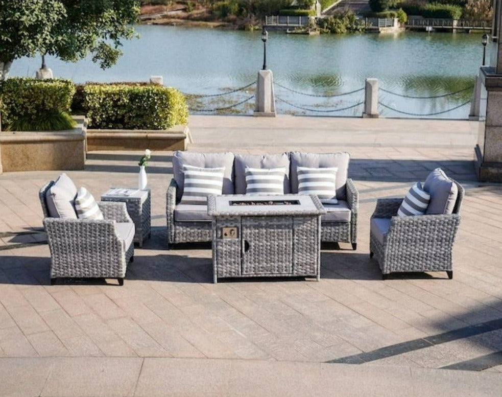 5-Piece Outdoor Patio Conversation Set with Firepit Table - Grey Wicker