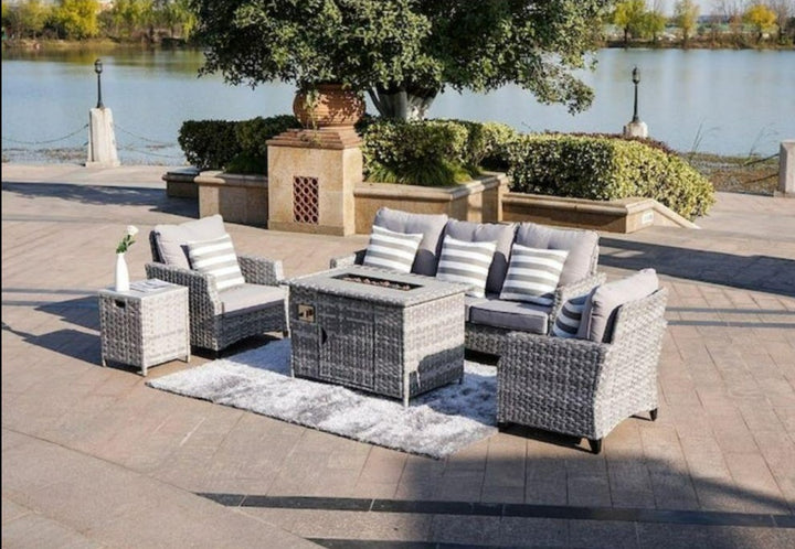 5-Piece Outdoor Patio Conversation Set with Firepit Table - Grey Wicker