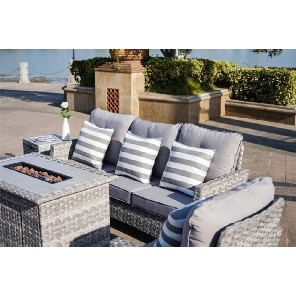 5-Piece Outdoor Patio Conversation Set with Firepit Table - Grey Wicker