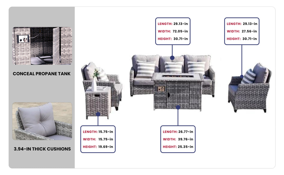 5-Piece Outdoor Patio Conversation Set with Firepit Table - Grey Wicker