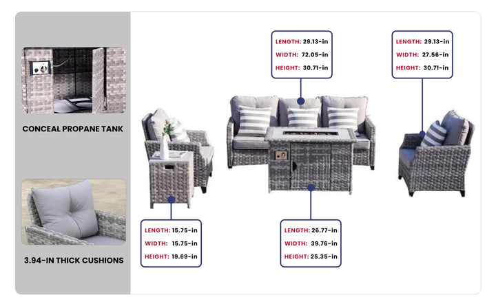 5-Piece Outdoor Patio Conversation Set with Firepit Table - Grey Wicker