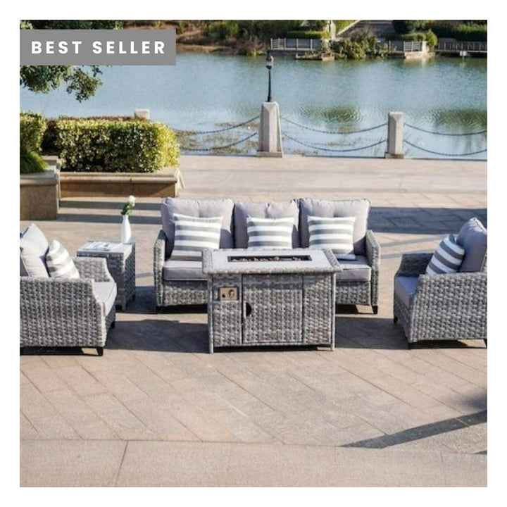 5-Piece Outdoor Patio Conversation Set with Firepit Table - Grey Wicker