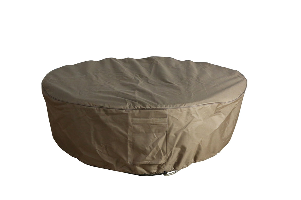 Tan fabric cover on a round 50-inch outdoor firepit table, shown from a three-quarter angle
