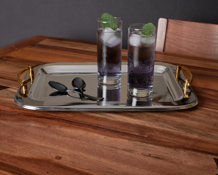 Serving Tray with Brass Handles - Stainless Steel - Rectangular