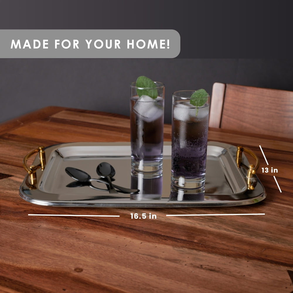Serving Tray with Brass Handles - Stainless Steel - Rectangular