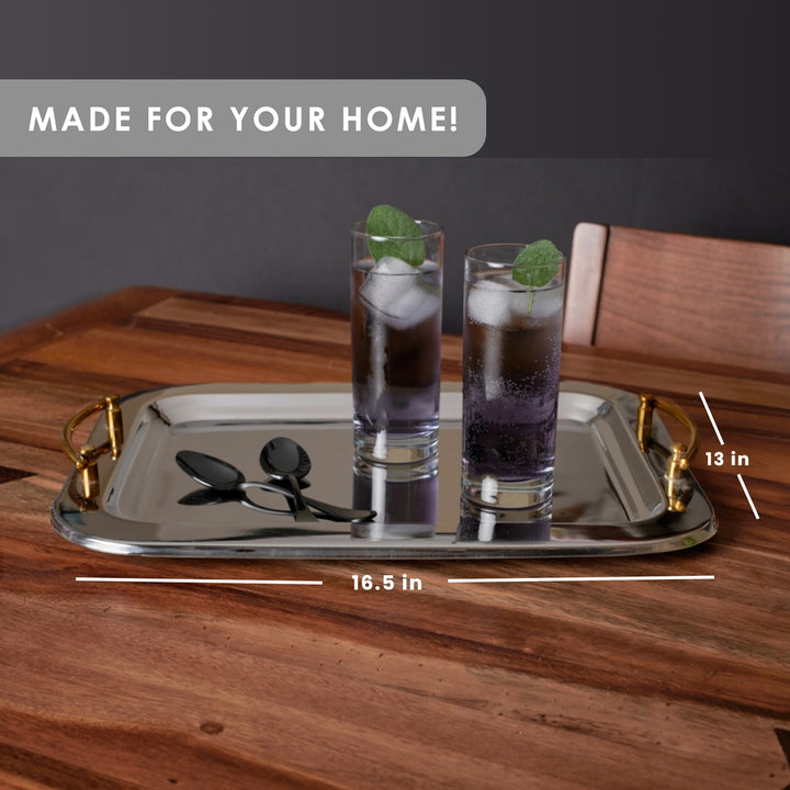 Serving Tray with Brass Handles - Stainless Steel - Rectangular