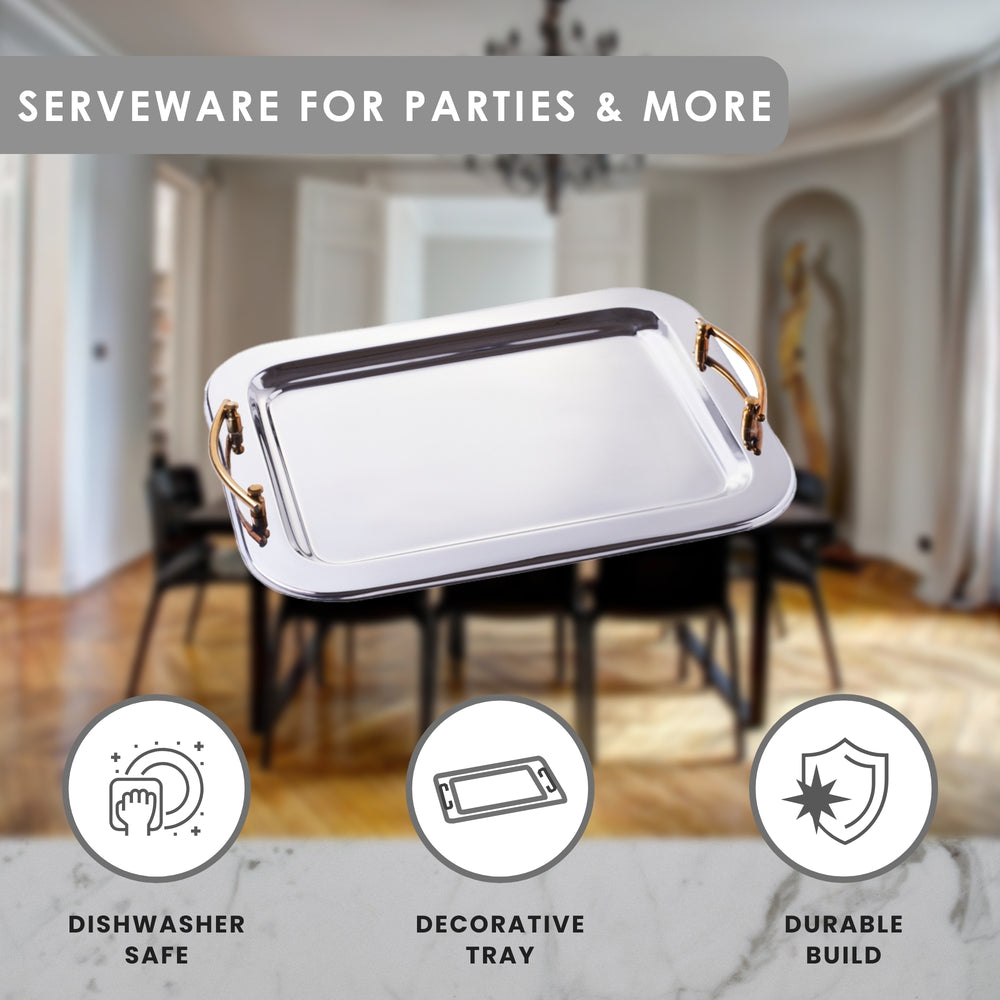 Serving Tray with Brass Handles - Stainless Steel - Rectangular