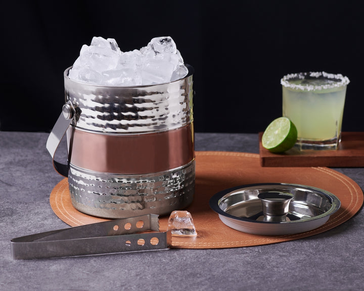 Ice Bucket & Tong - Hammered Copper & Shiny