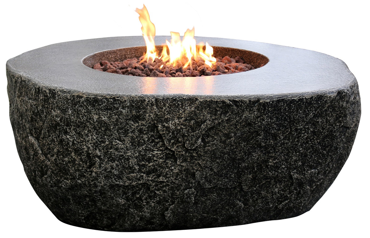 50-inch black granite firepit table with flames and red lava rocks, viewed from front