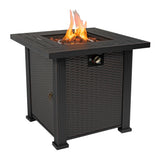 28" Square Steel Propane Fire Pit Table with Wicker-Style Finish, 50,000 BTU, Black, Includes Volcanic Stones & Lid
