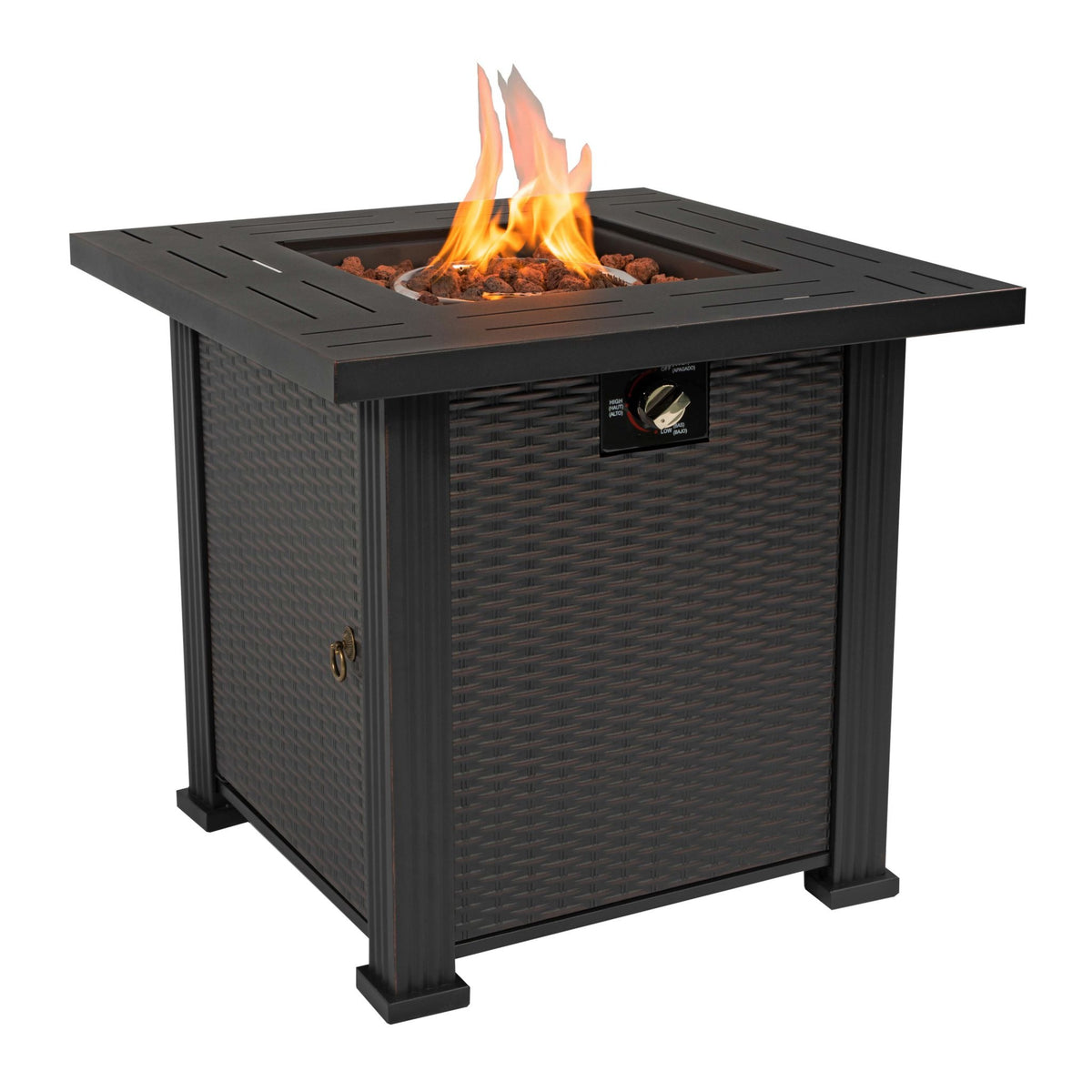 28" Square Steel Propane Fire Pit Table with Wicker-Style Finish, 50,000 BTU, Black, Includes Volcanic Stones & Lid