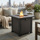 28" Square Steel Propane Fire Pit Table with Wicker-Style Finish, 50,000 BTU, Black, Includes Volcanic Stones & Lid