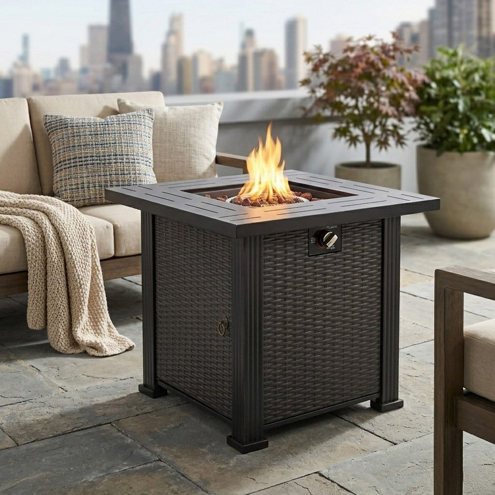 28" Square Steel Propane Fire Pit Table with Wicker-Style Finish, 50,000 BTU, Black, Includes Volcanic Stones & Lid