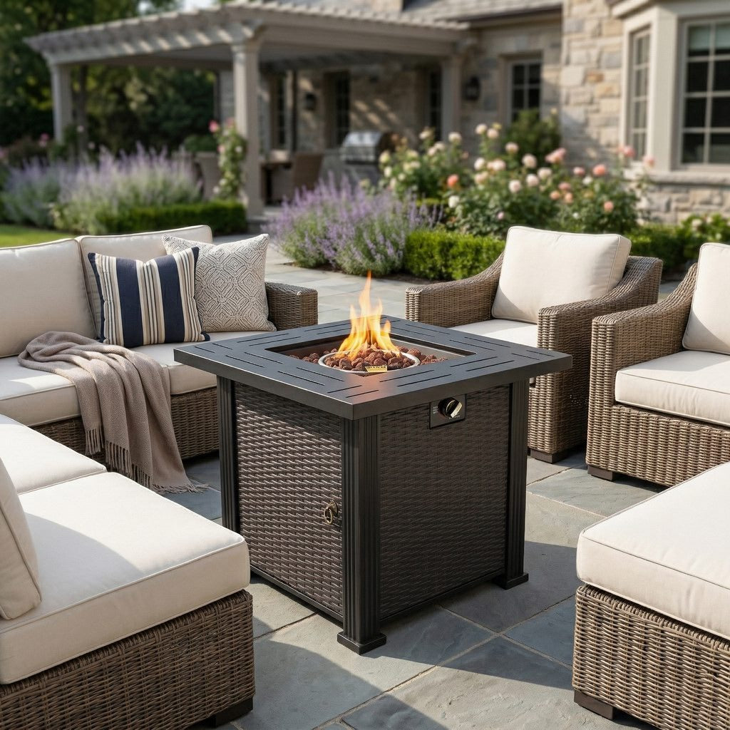 28" Square Steel Propane Fire Pit Table with Wicker-Style Finish, 50,000 BTU, Black, Includes Volcanic Stones & Lid