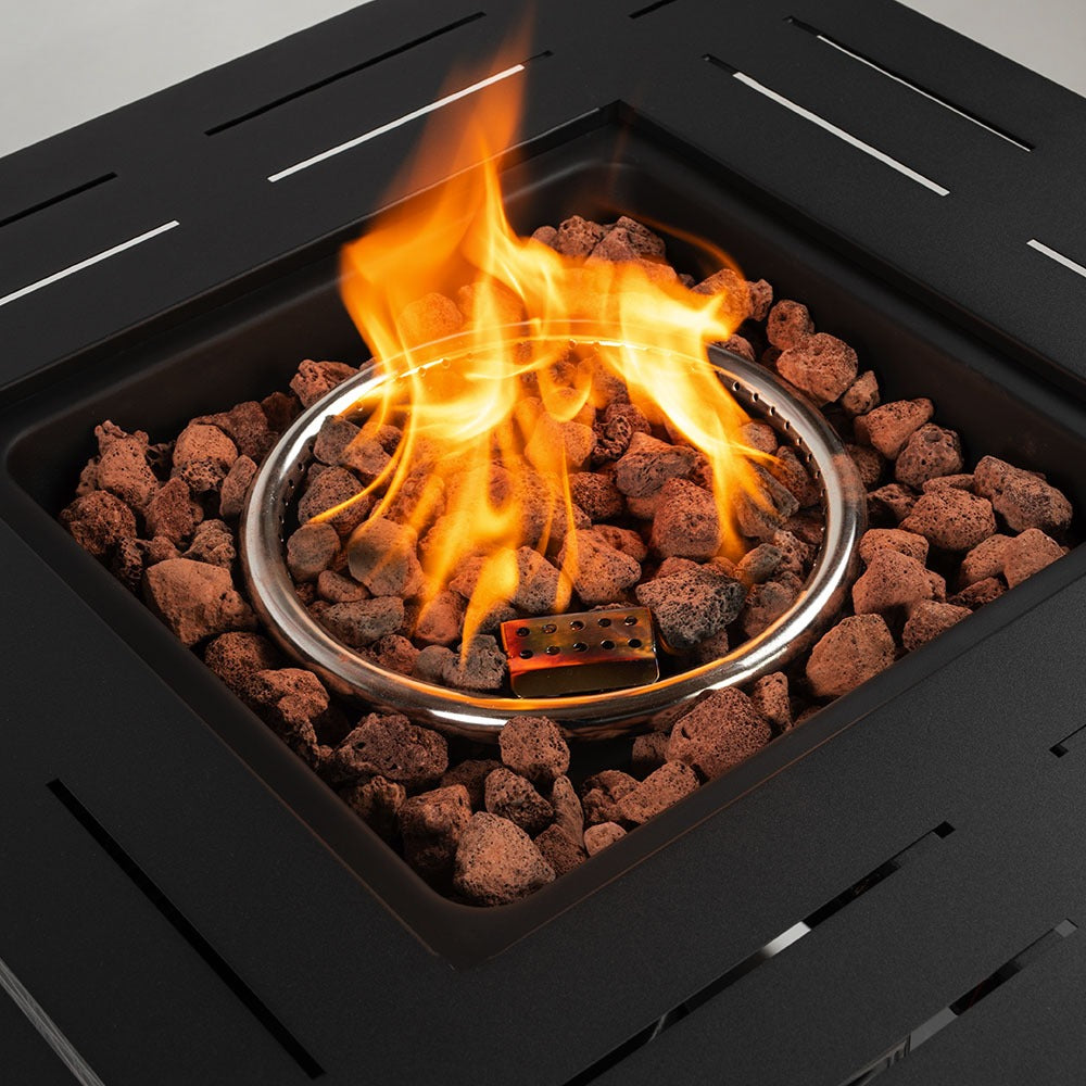 28" Square Steel Propane Fire Pit Table with Wicker-Style Finish, 50,000 BTU, Black, Includes Volcanic Stones & Lid