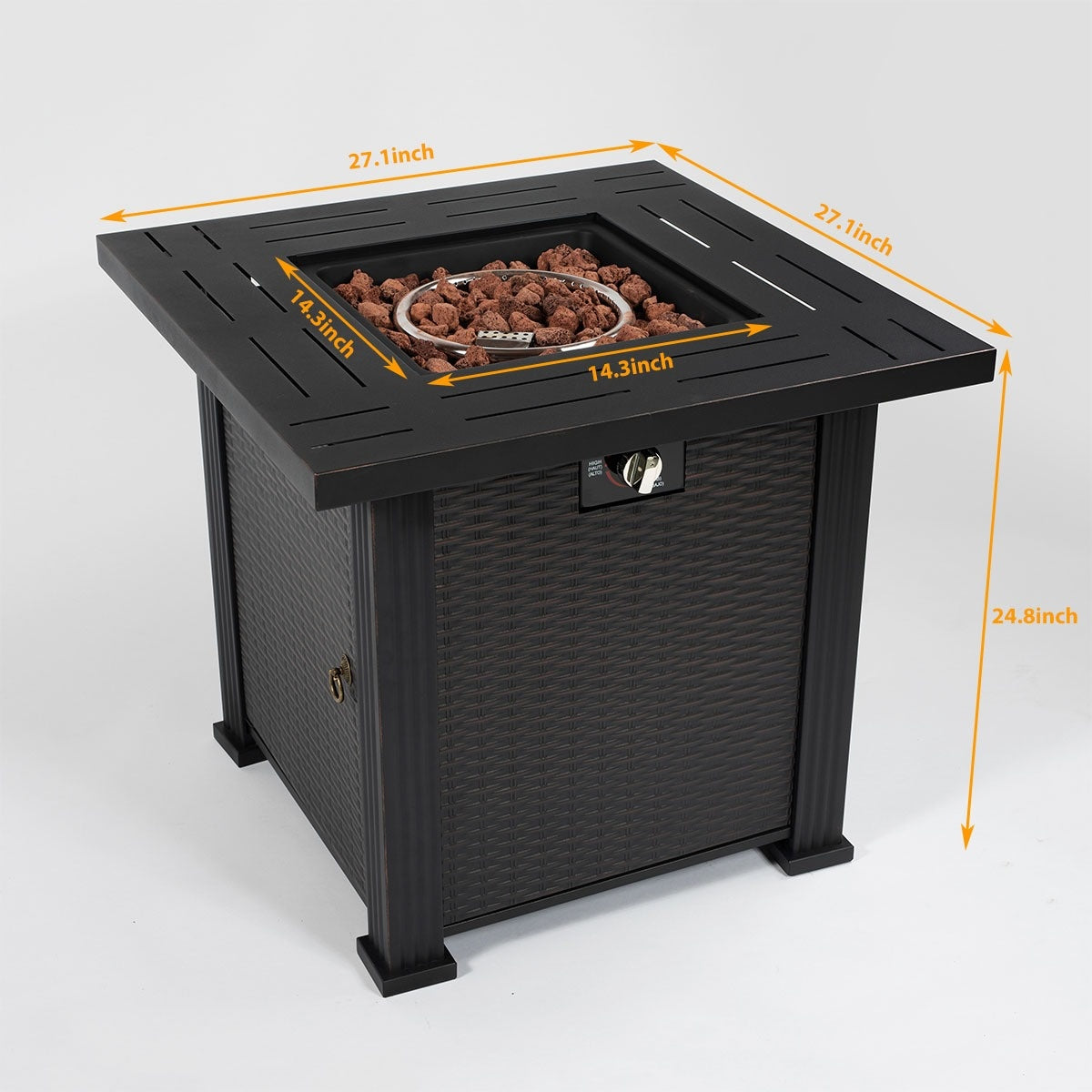 28" Square Steel Propane Fire Pit Table with Wicker-Style Finish, 50,000 BTU, Black, Includes Volcanic Stones & Lid